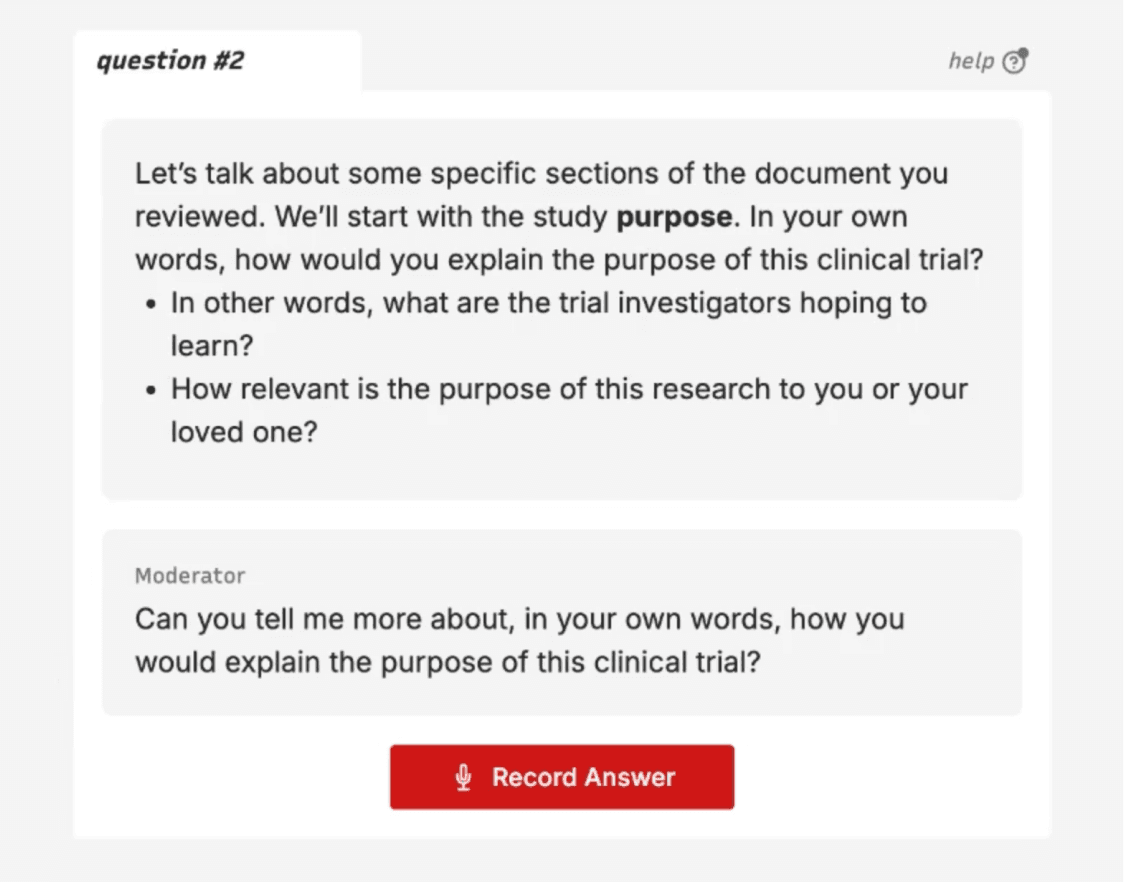 AI Moderator guiding interview responses with a follow-up prompt