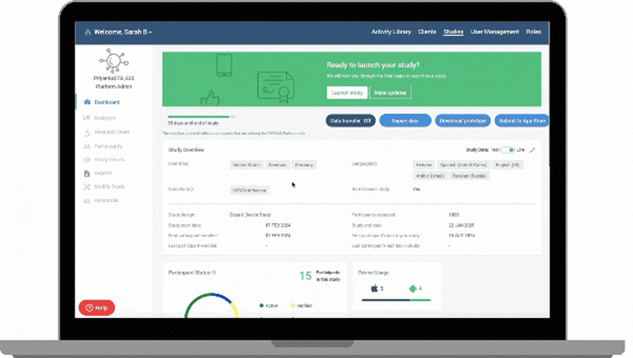 Reporting dashboard with study overview metrics, participant status, and export actions.