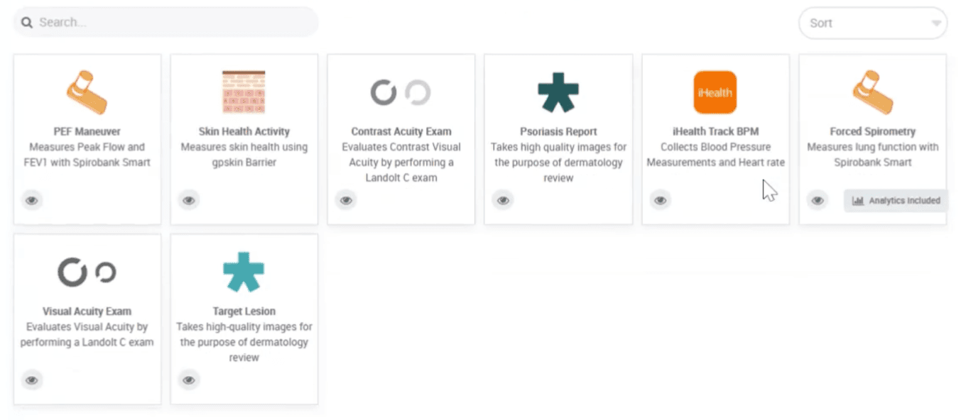 Device and sensor library interface showing selectable integrations and analytics-enabled cards.