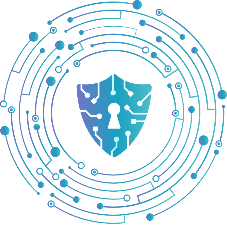 Security shield graphic surrounded by connected nodes representing compliance and protection.