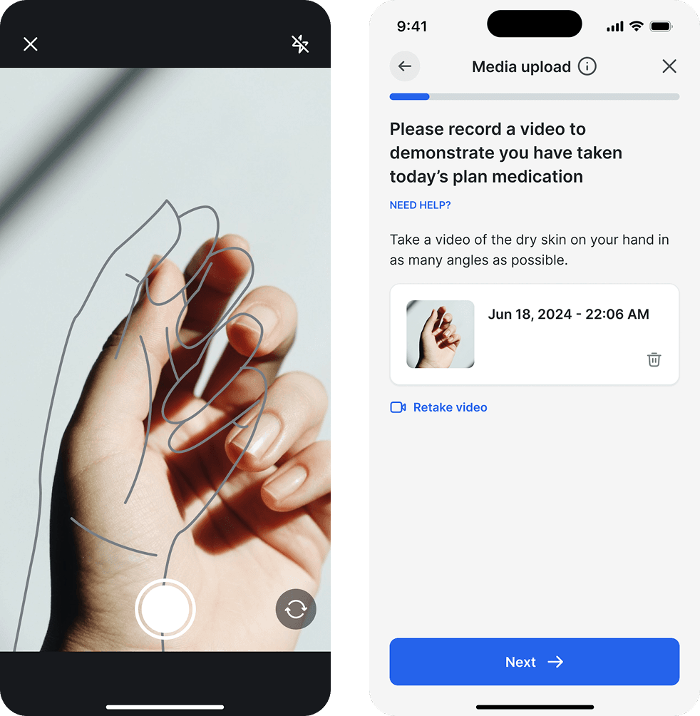 Mobile screens showing guided image and video capture for a study task.