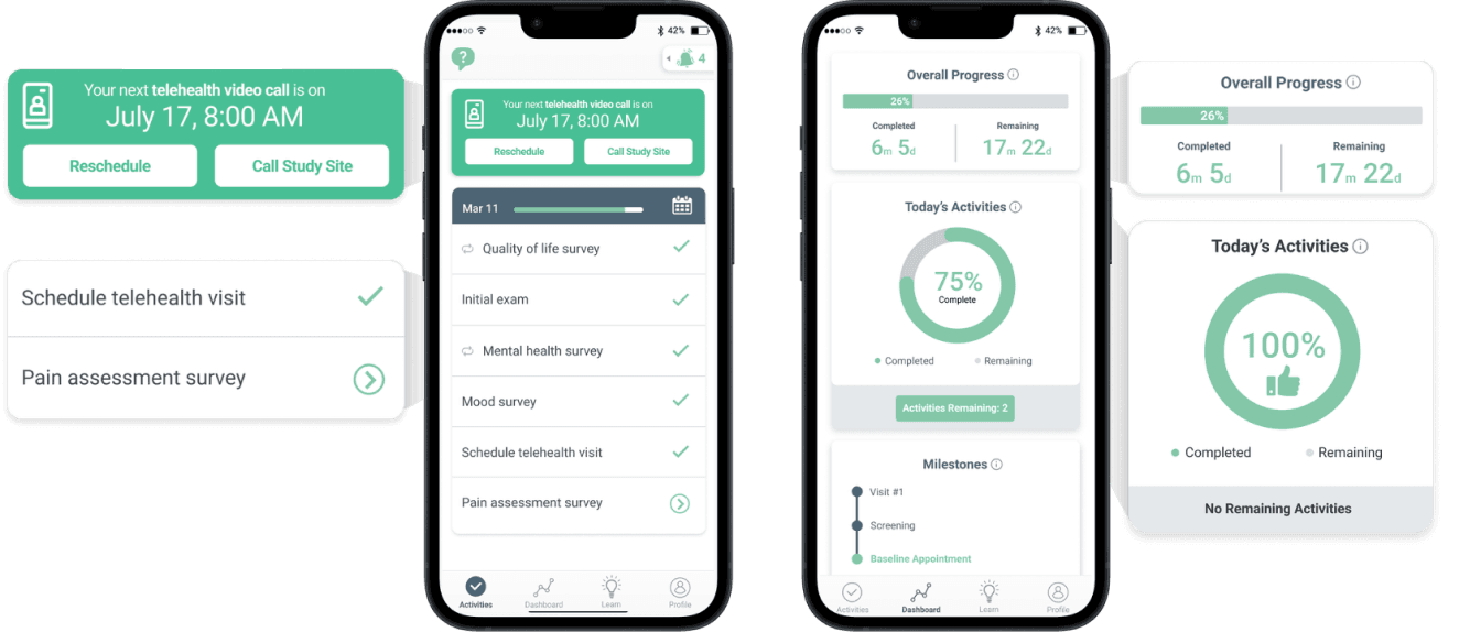 Study app screens showing upcoming activities, completion progress, and milestone tracking.