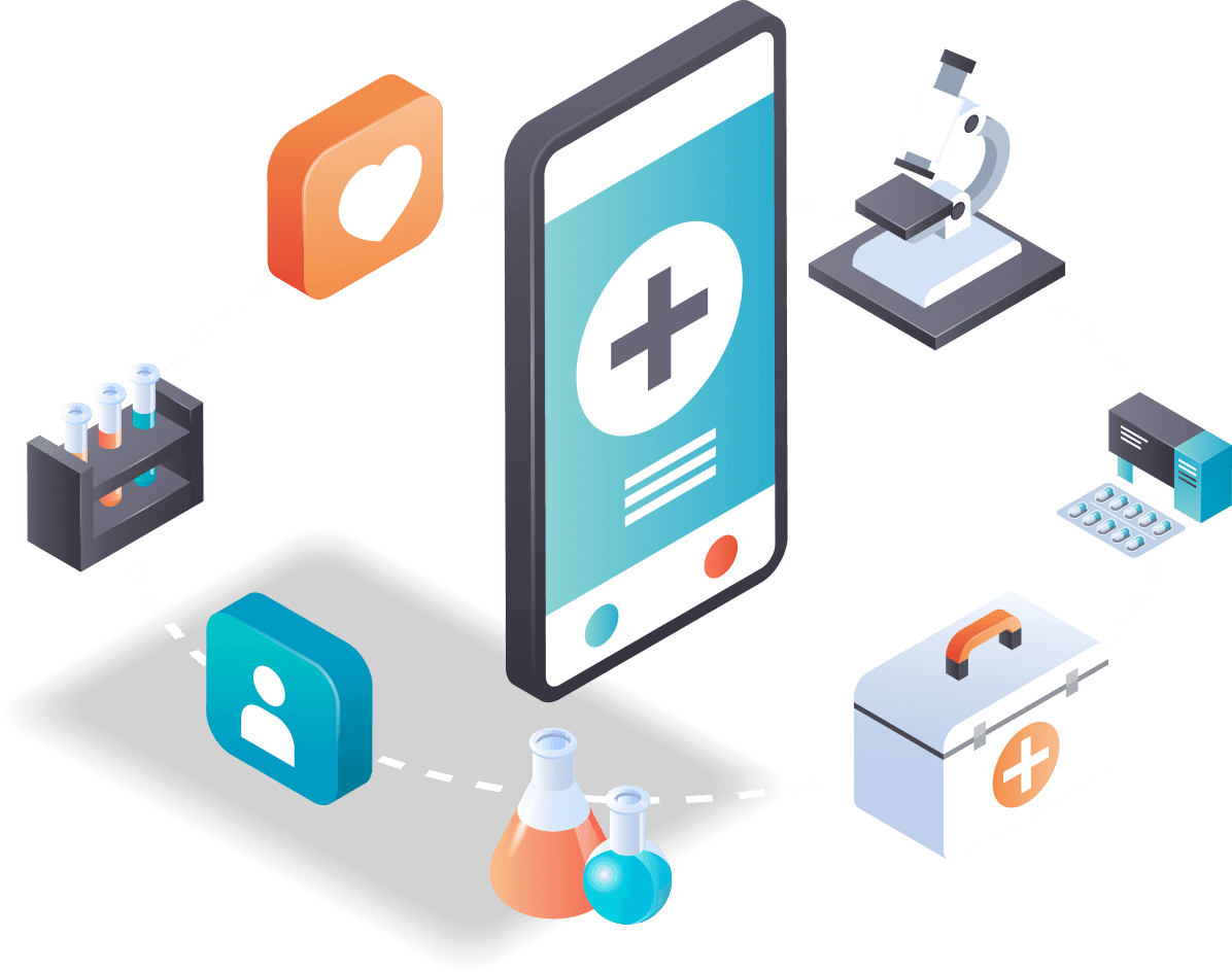 Illustration of a mobile health record connected to lab, pharmacy, and patient data sources.