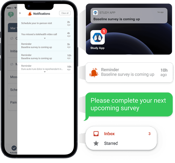 Patient engagement reminders shown across in-app notifications, push alerts, and text messages.